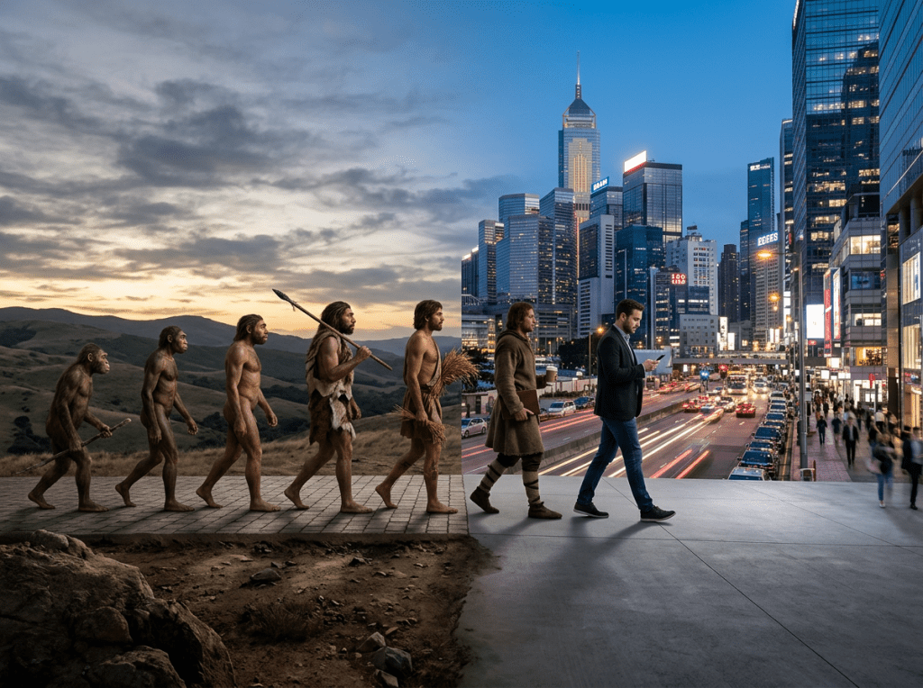 Sequence showing stages of human evolution from ancient hominids to modern man in city