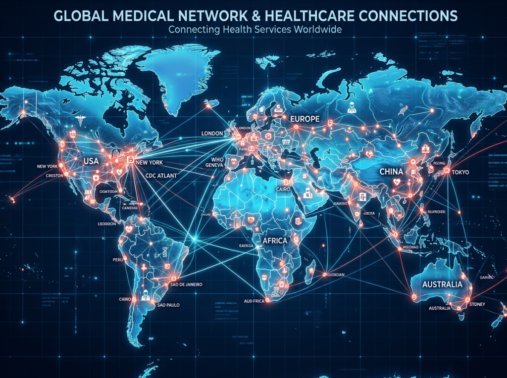 World map highlighting global healthcare network connections with medical icons and city names