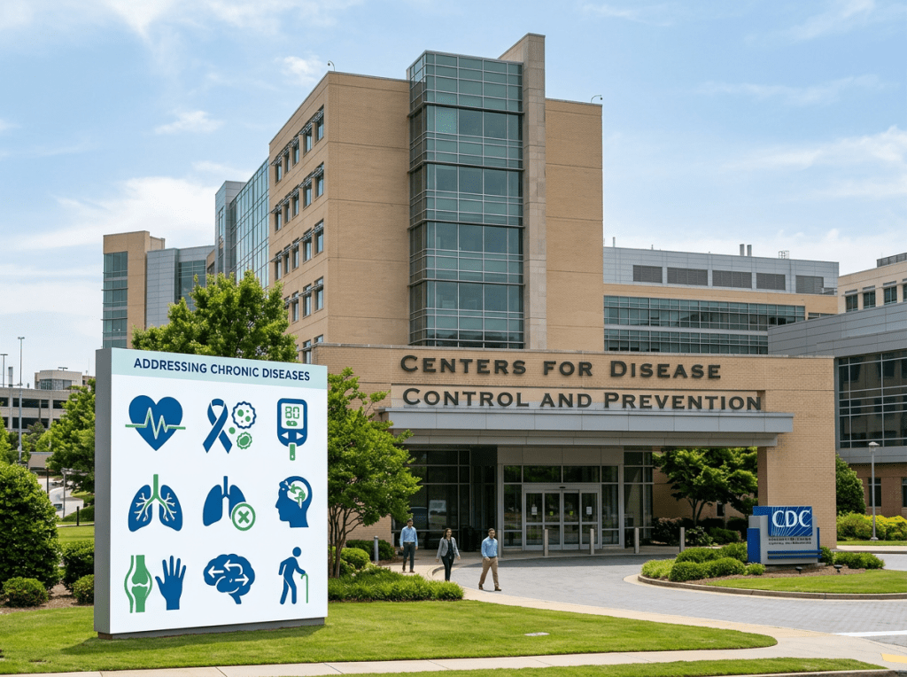 CDC building with signage on addressing chronic diseases including heart, lung, diabetes, and mental health icons