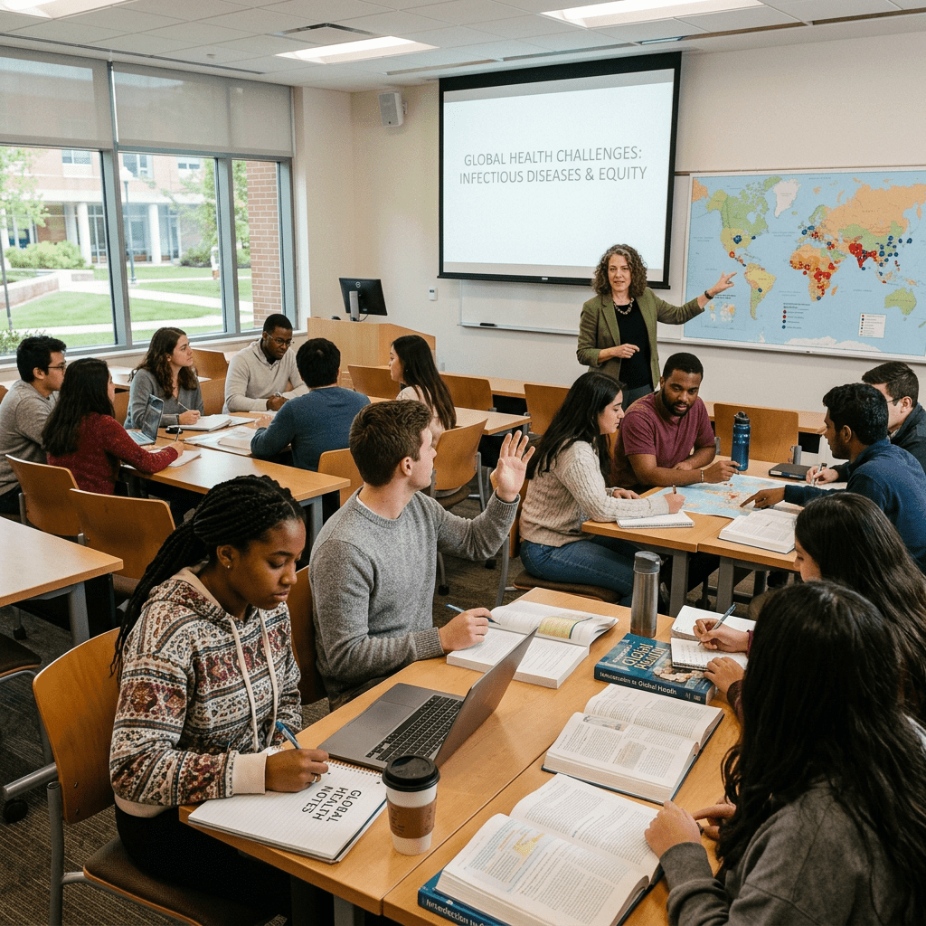 Classroom of diverse students and a professor discussing global health challenges with world map and presentation