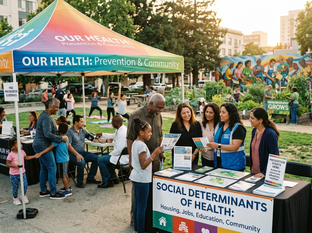 Community health outreach booth with people discussing prevention and community resources