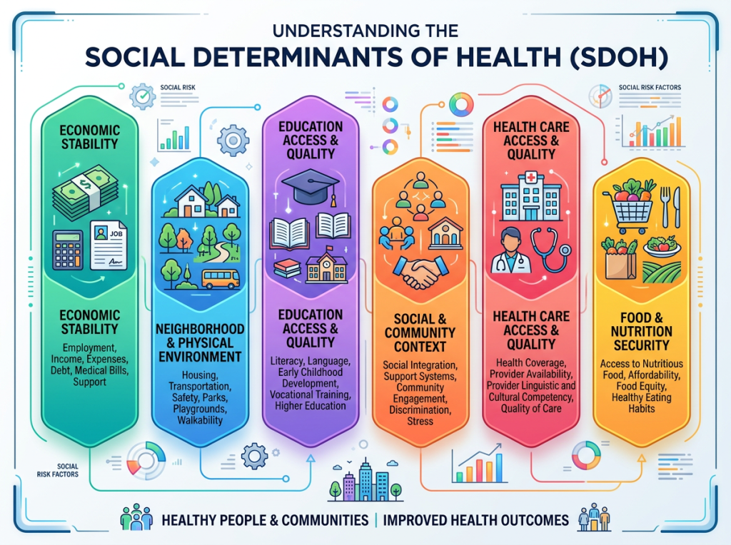 Infographic showing six social determinants of health: economic stability, neighborhood and physical environment, education access and quality, social and community context, health care access and quality, and food and nutrition security.