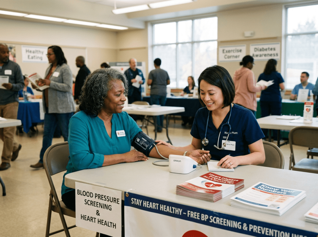 Nurse measuring blood pressure of a seated woman at a health fair booth with heart health pamphlets