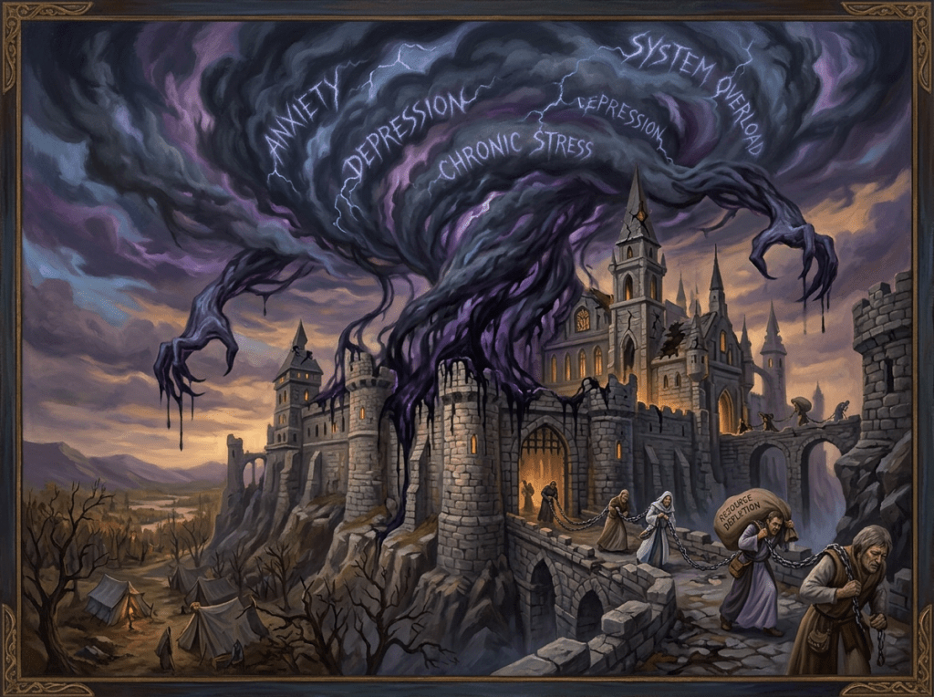 Medieval castle under storm cloud labeled anxiety, depression, chronic stress, system overload with chained people carrying burdens