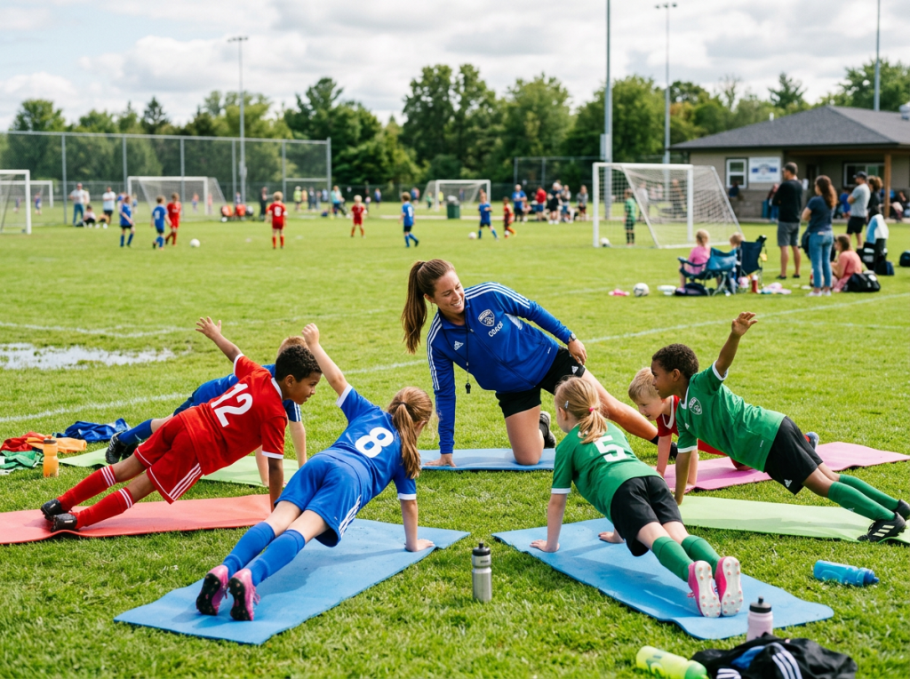 Youth soccer players stretching on mats with coach outdoors
