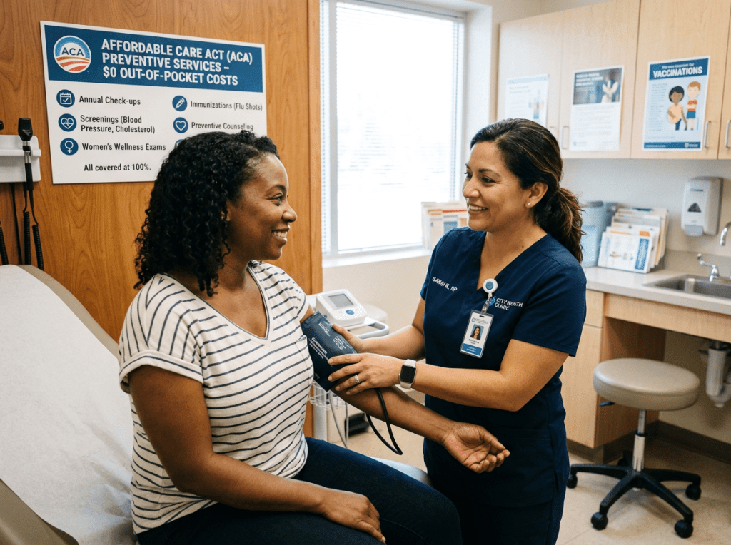 Nurse measuring blood pressure of a seated patient in a medical exam room