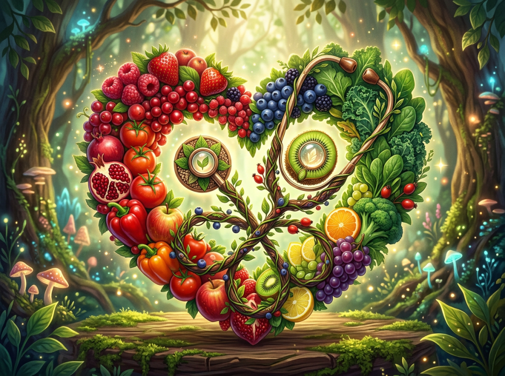Heart shape formed by various fresh fruits and vegetables with a stethoscope and cups of tea inside