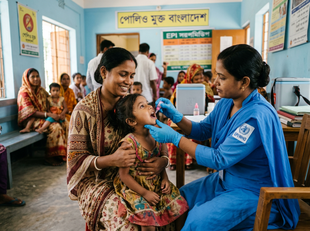 Healthcare worker giving oral vaccine to child with mother in clinic