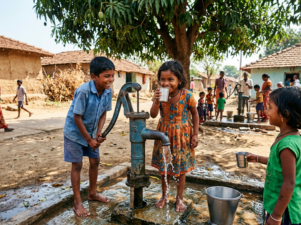 Children drinking and pumping water from a rural hand pump in a village setting