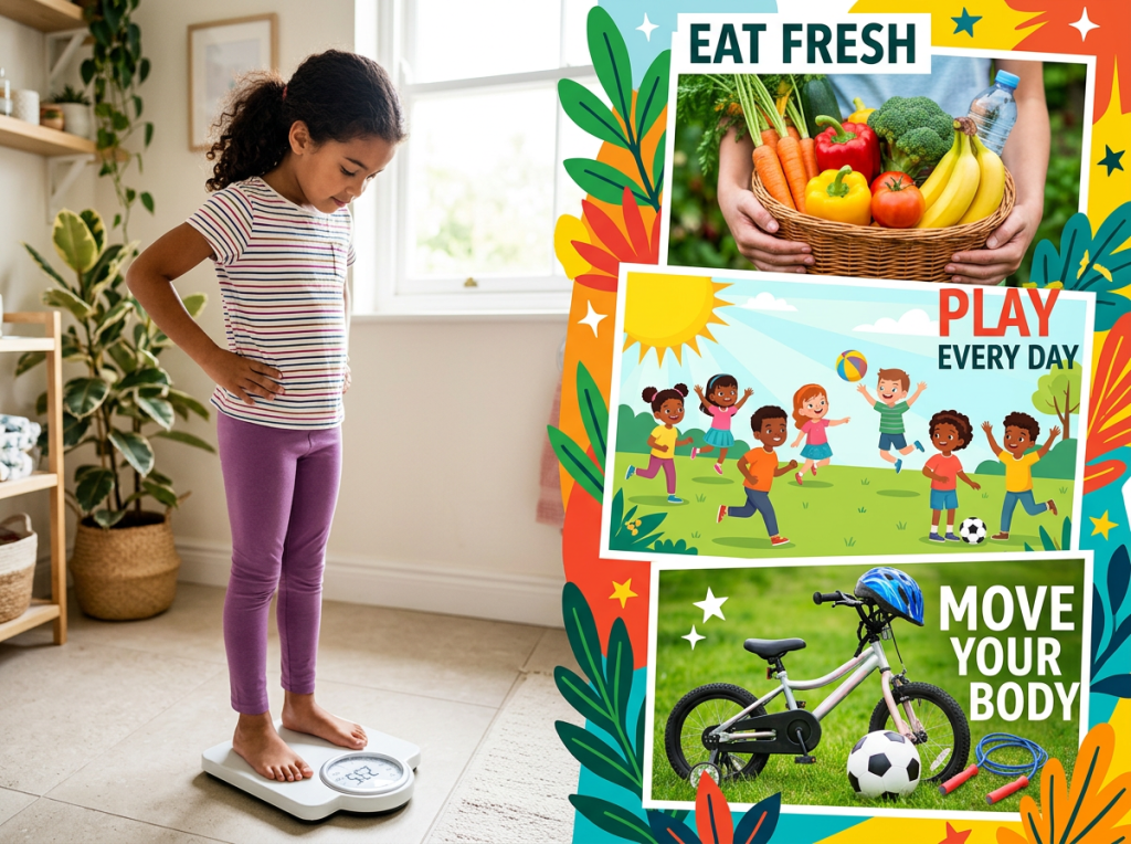 Child standing on scale with images promoting eating fresh vegetables, playing outside, and physical activity