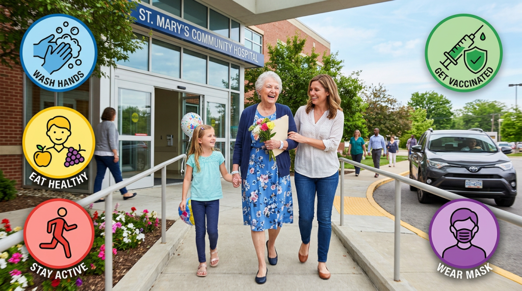 Older woman, middle-aged woman, and young girl walking outside hospital smiling with health habit icons