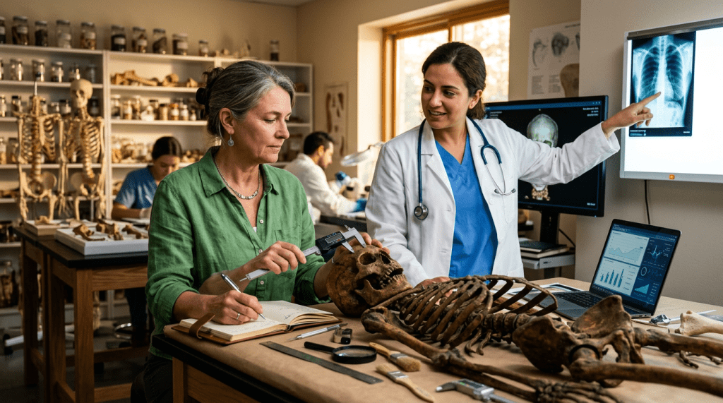 Two scientists analyzing human skeleton with caliper and X-ray images in forensic lab