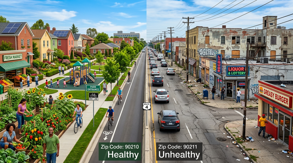 Split image showing a healthy neighborhood with gardens and playground on left and a rundown street with litter and boarded-up buildings on right
