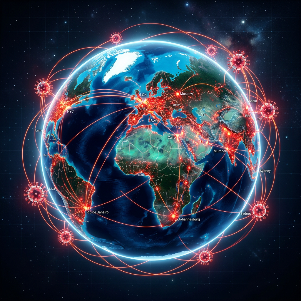 Globe with red lines connecting major cities illustrating viral transmission paths