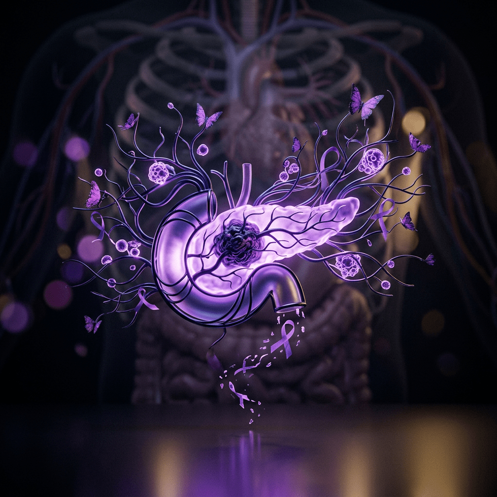Stylized pancreas with cancer cells, purple ribbons, and butterflies symbolizing awareness