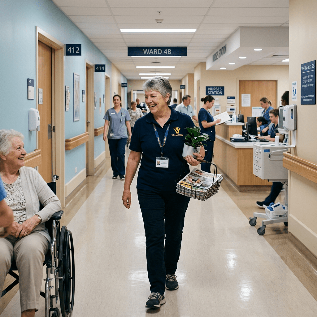 Hospital volunteer walking in ward corridor holding a plant and basket with magazines