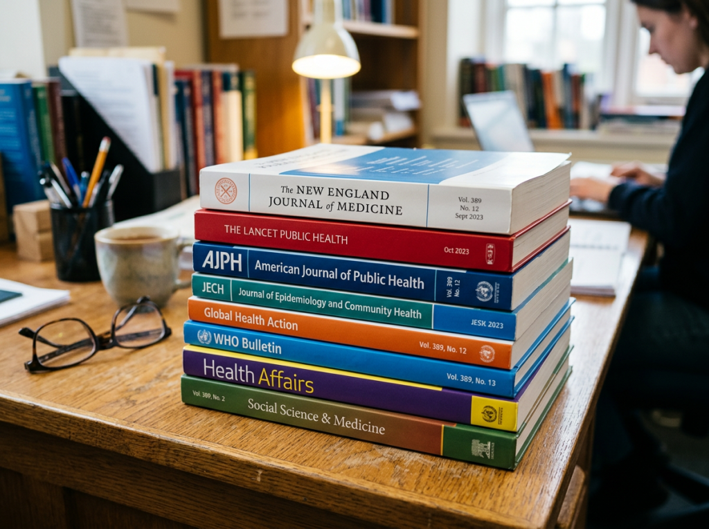 Stack of medical and public health journals including New England Journal of Medicine, Lancet Public Health, American Journal of Public Health, and others