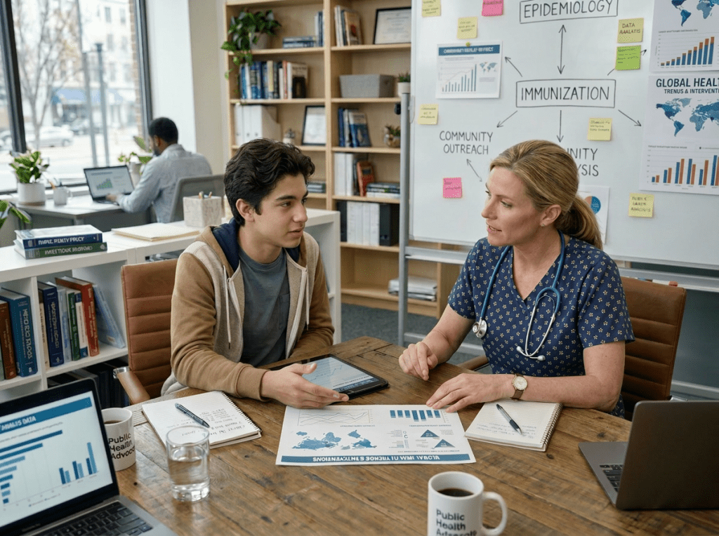 Two professionals discussing global health data charts at a table