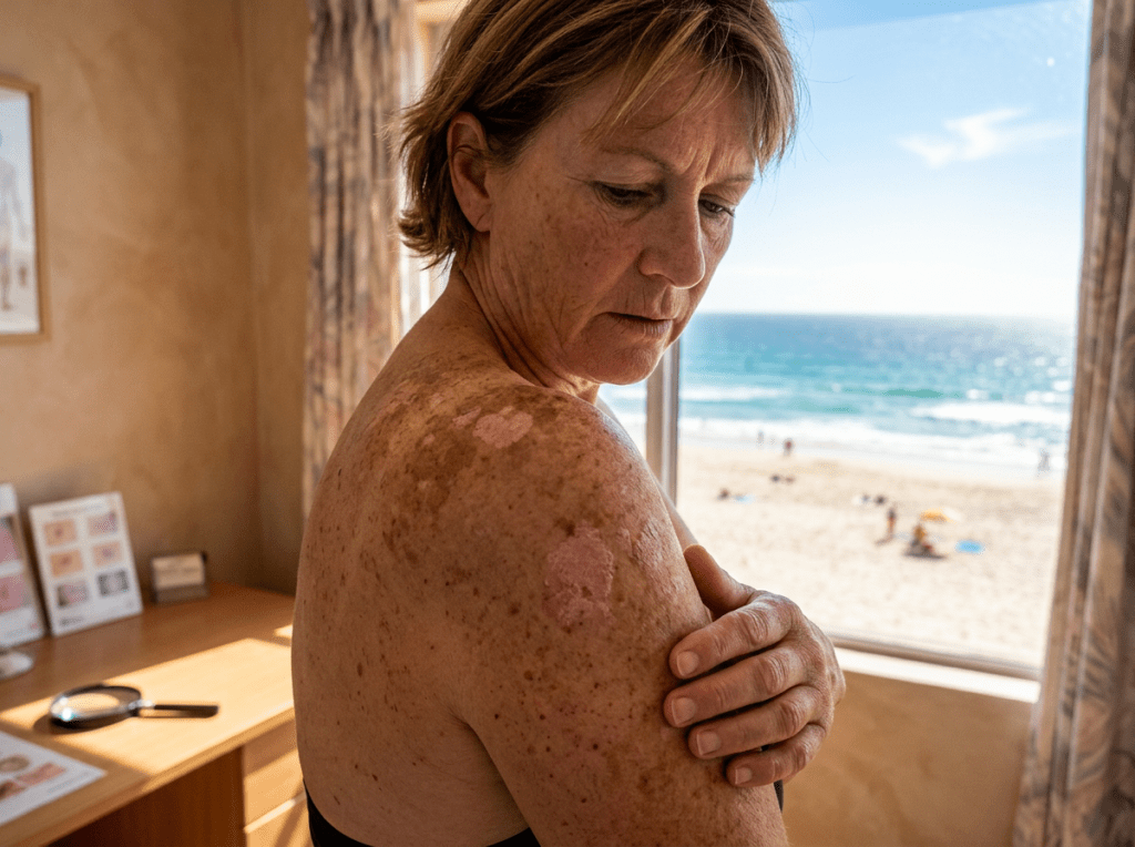 Woman with dry, patchy skin on her shoulder looking at it near a window with a beach view