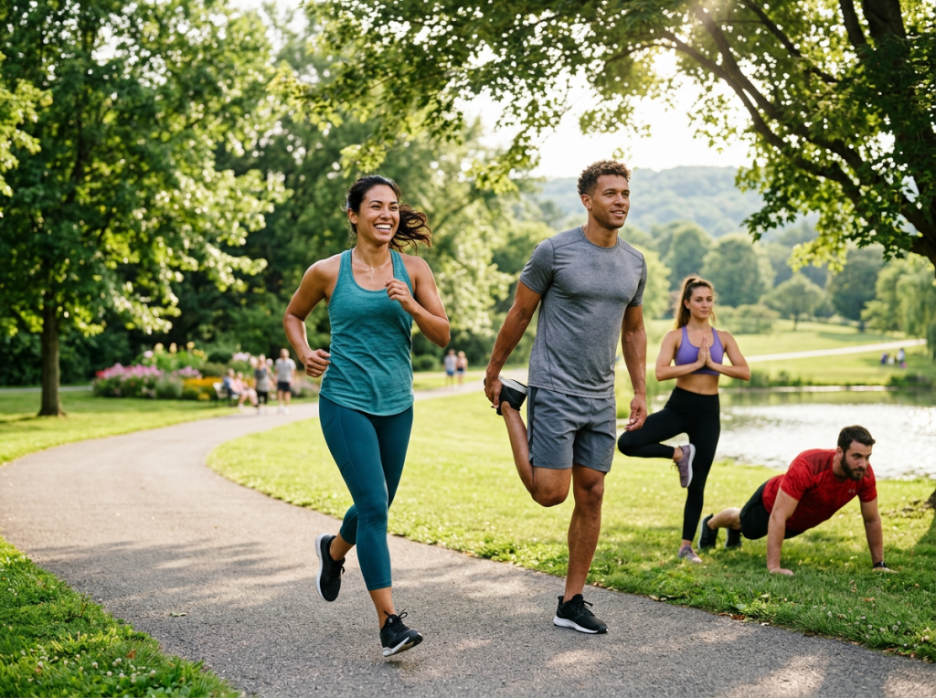 People jogging, stretching, doing yoga, and push-ups in a park