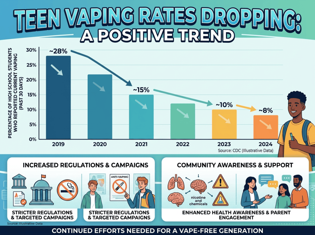 Infographic: Teen vaping rates dropping from about 28% in 2020 to 8% in 2024