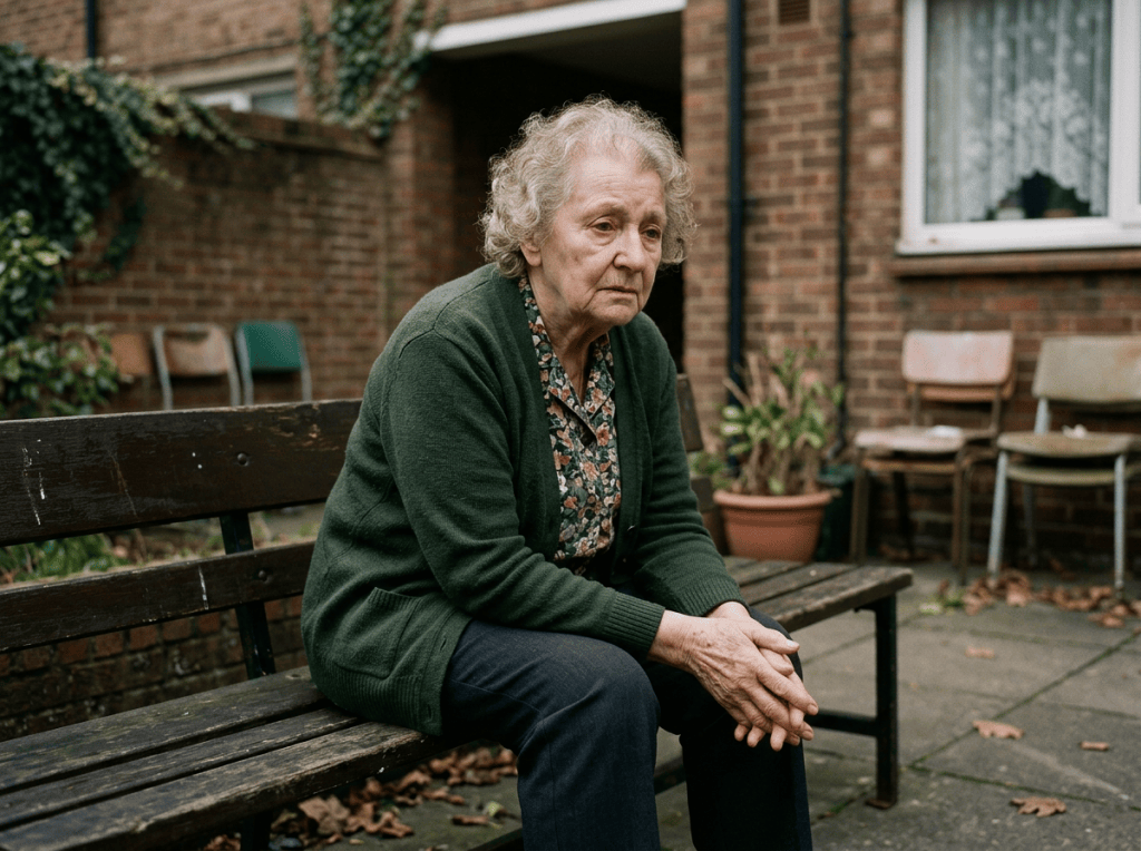 Elderly woman sitting on a bench in a brick courtyard