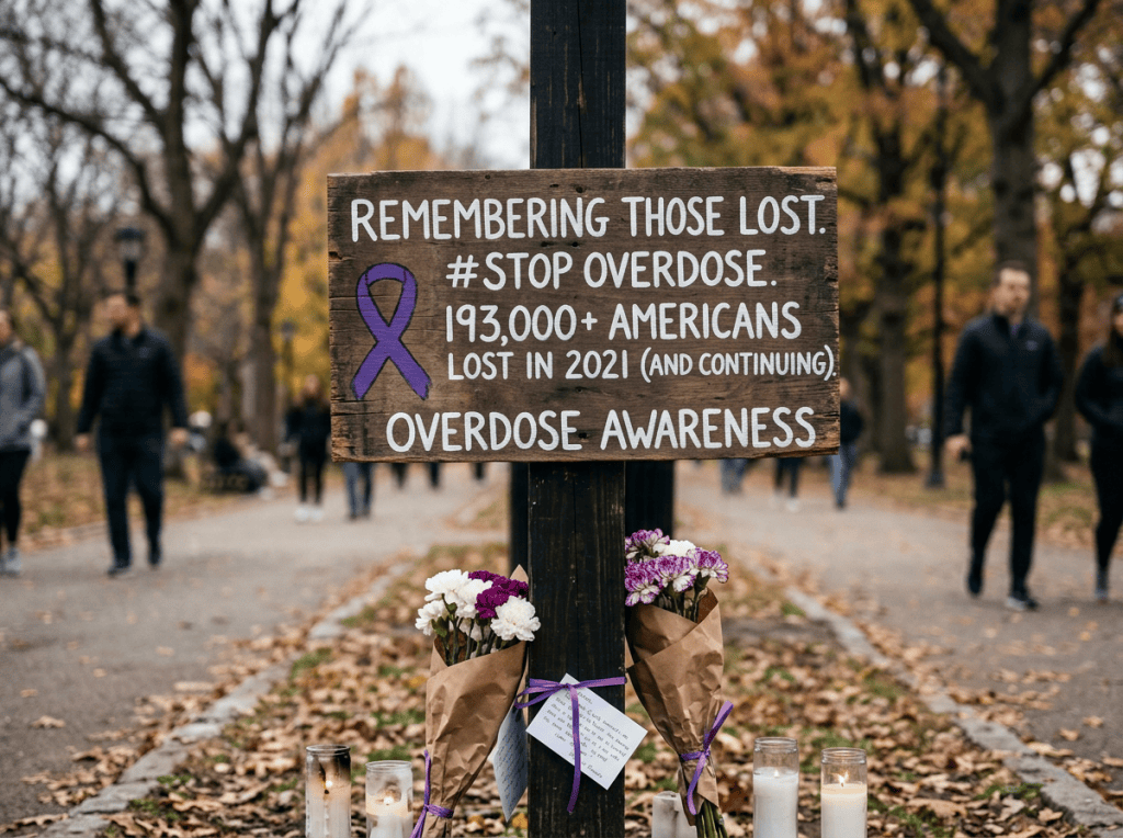 Wooden sign reads: “REMEMBERING THOSE LOST. #STOP OVERDOSE. 193,000+ AMERICANS LOST IN 2021 (AND CONTINUING). OVERDOSE AWARENESS,” above flowers and candles.