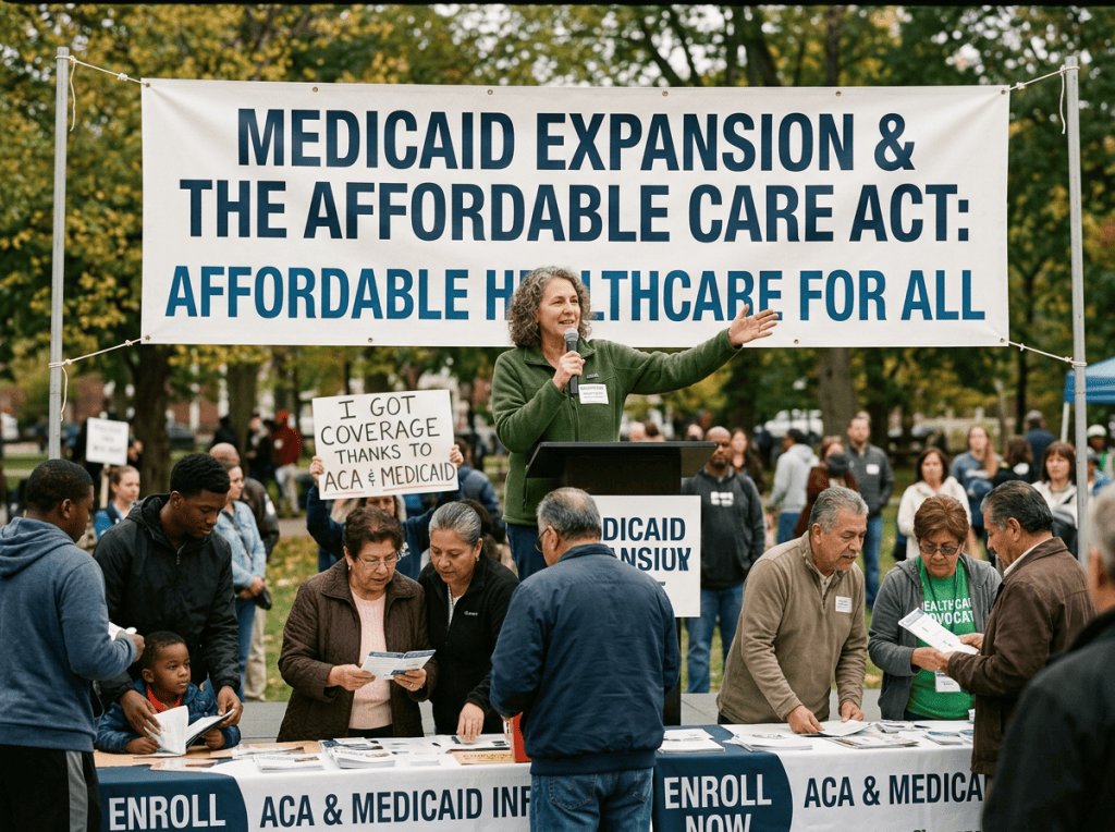 Banner reads “Medicaid Expansion & the Affordable Care Act: Affordable Healthcare for All,” with enrollment tables.