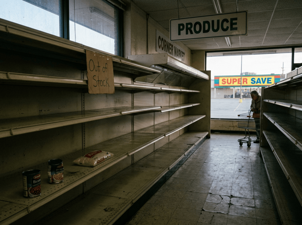 Empty produce shelves labeled PRODUCE, CORNER MARKET, and Out of Stock; SUPER SAVE visible outside