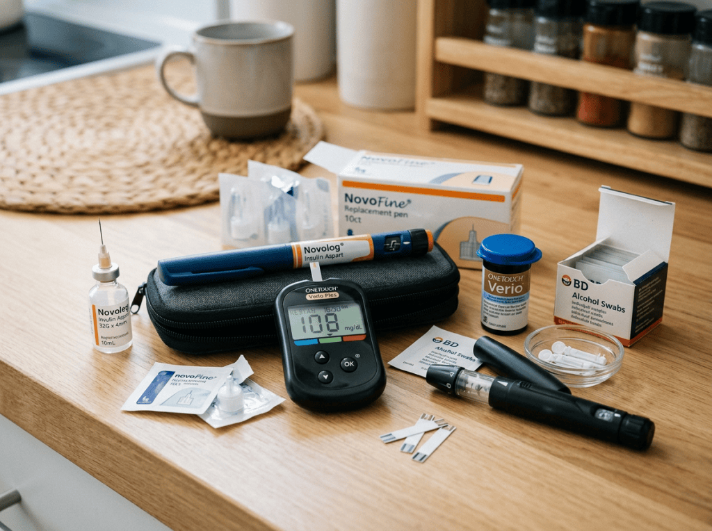 Diabetes care supplies with glucose meter reading 108 mg/dL