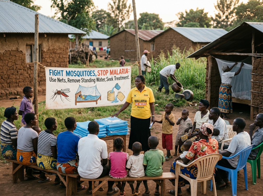 Health worker teaching villagers about malaria prevention beside bed nets