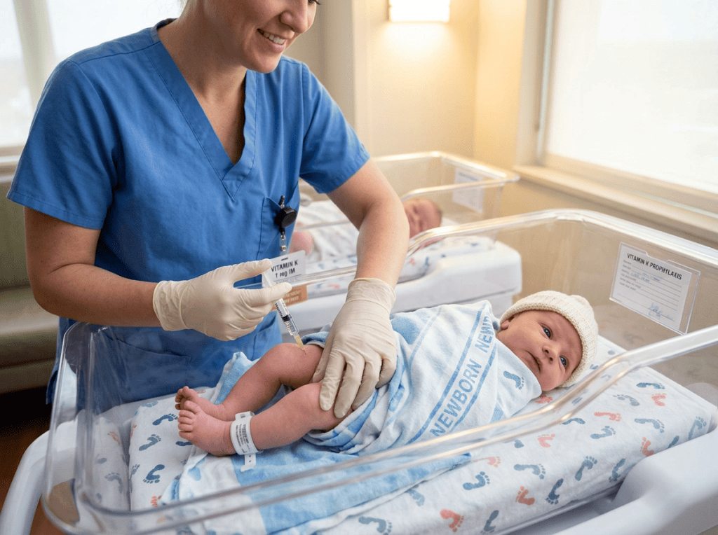 Healthcare professional gives newborn a vitamin K injection; signs read “VITAMIN K 1.0 mg IM” and “VITAMIN K PROPHYLAXIS.”