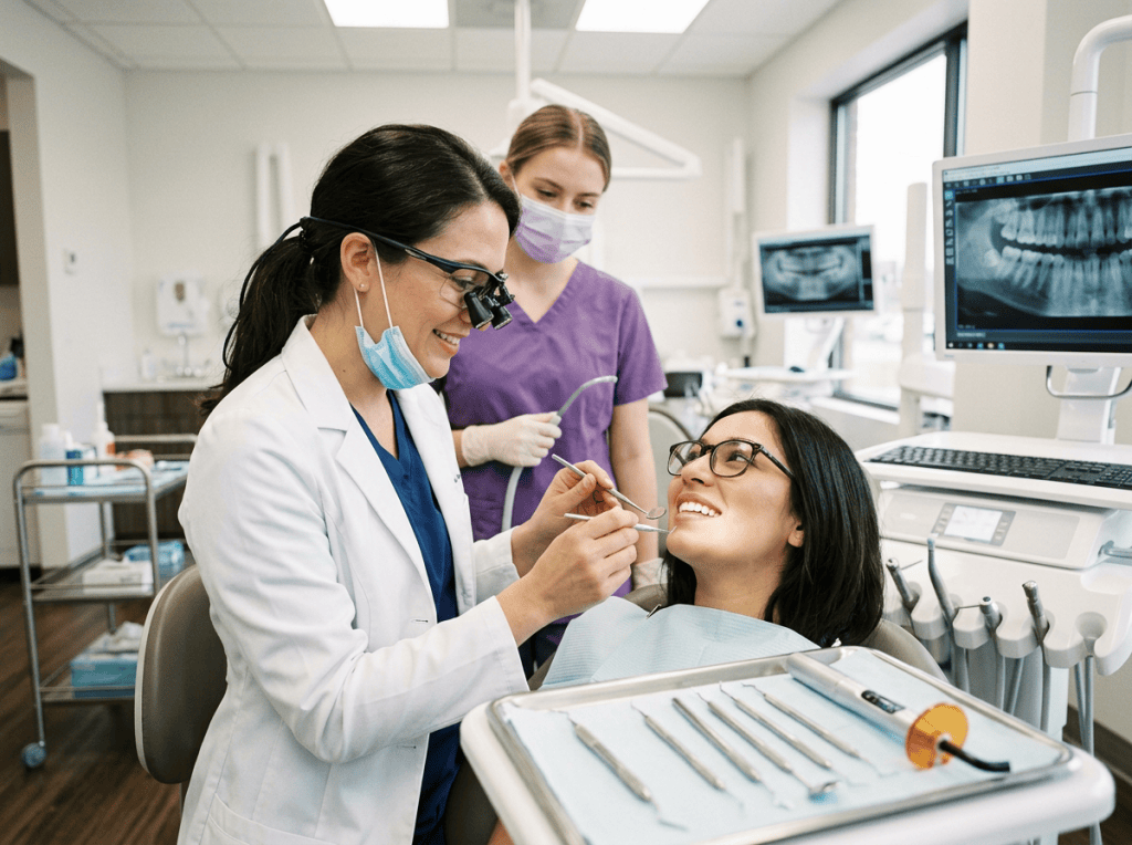 Dentist examining a patient's teeth with digital dental X-rays displayed nearby