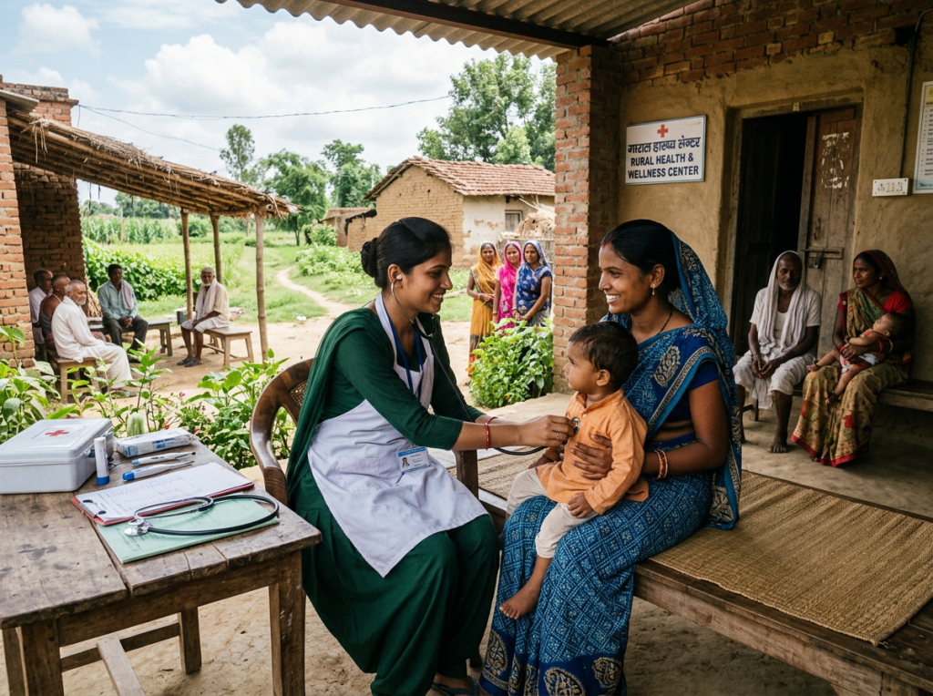 Nurse examines child outside a Rural Health & Wellness Center in an Indian village.