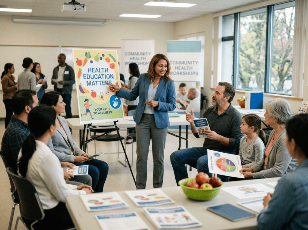 Health educator presenting “HEALTH EDUCATION MATTERS” to a community workshop