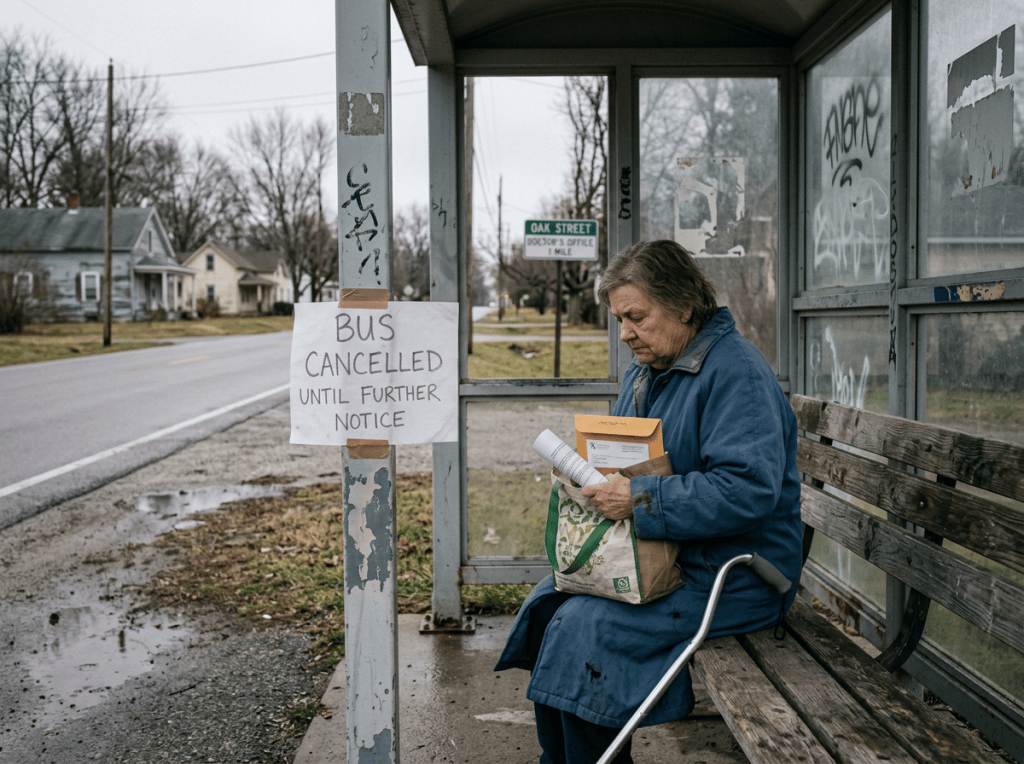 Woman at bus shelter beside sign reading “BUS CANCELLED UNTIL FURTHER NOTICE”; background sign reads “OAK STREET.”