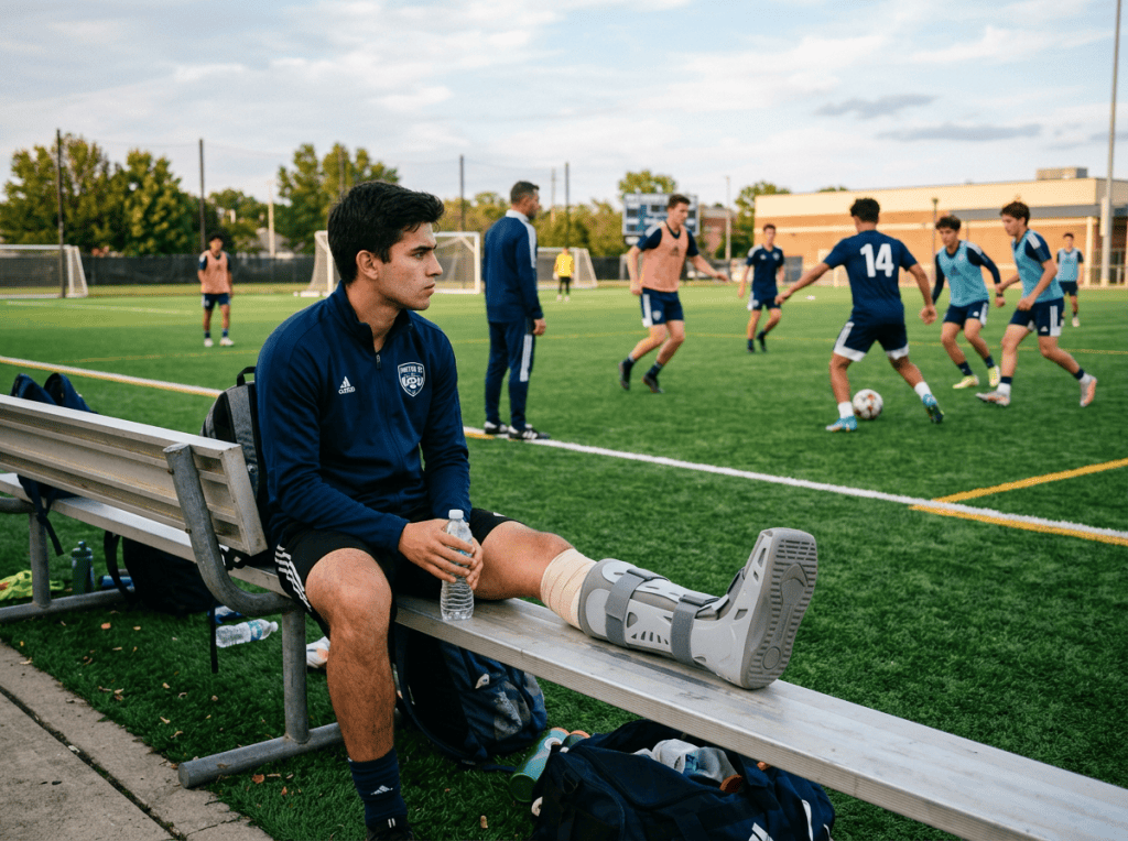 Soccer player with injured leg watches teammates practice from sideline