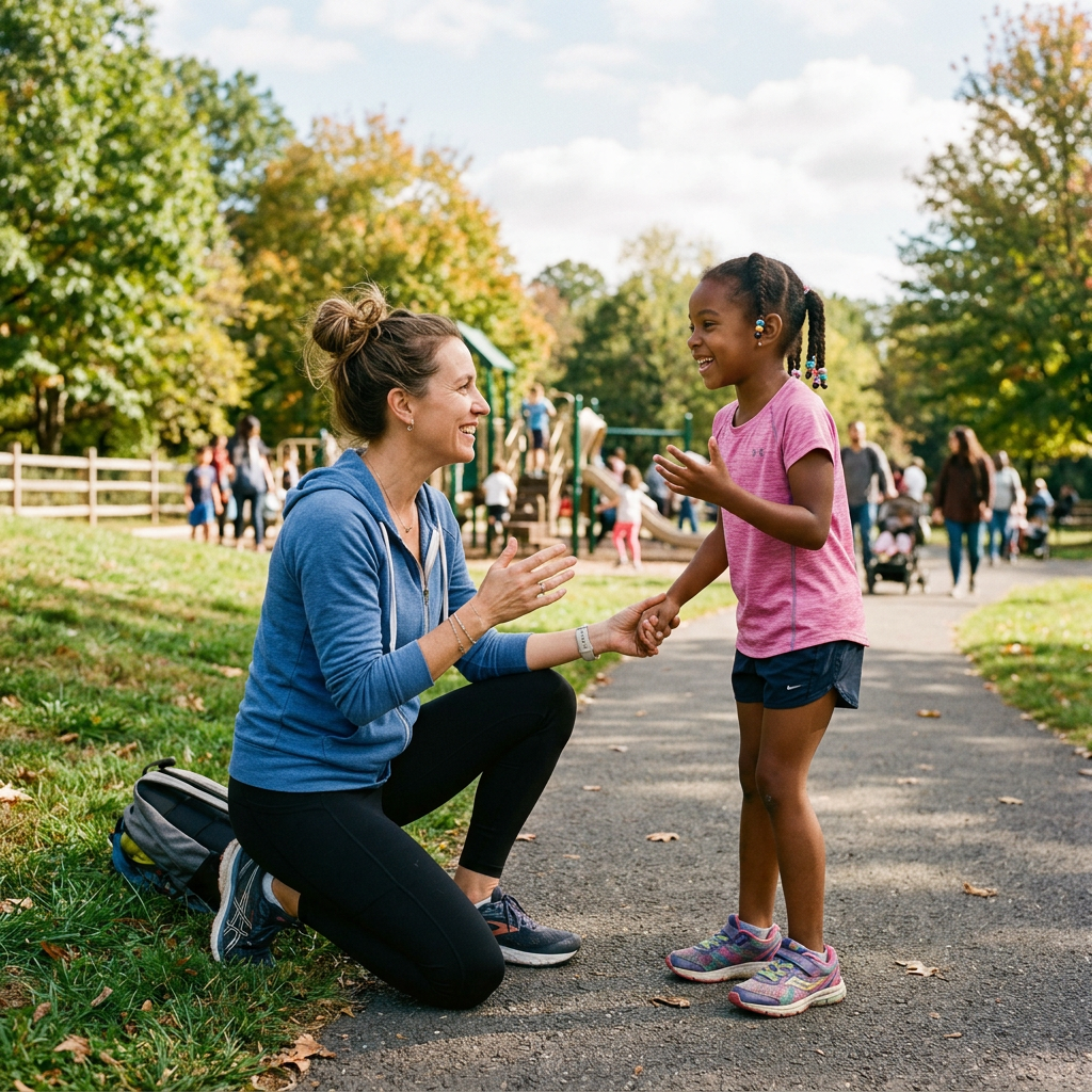 Adult kneeling and holding hands with child at a park