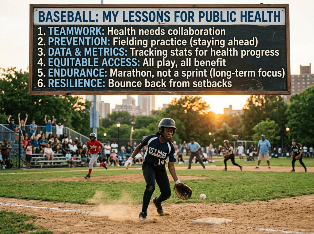 Baseball: My Lessons for Public Health. 1. Teamwork: Health needs collaboration. 2. Prevention: Fielding practice (staying ahead). 3. Data & Metrics: Tracking stats for health progress. 4. Equitable Access: All play, all benefit. 5. Endurance: Marathon, not a sprint (long-term focus). 6. Resilience: Bounce back from setbacks. A young player fields a ball during a game.