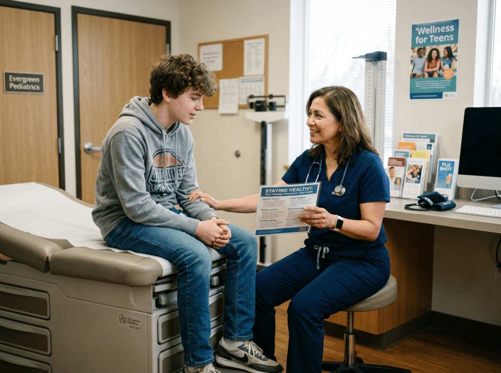 Pediatric nurse discussing a healthy habits pamphlet with a seated teenager