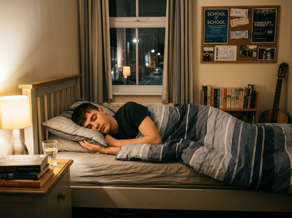 Teenager sleeping in bed under a striped duvet beside a lit lamp