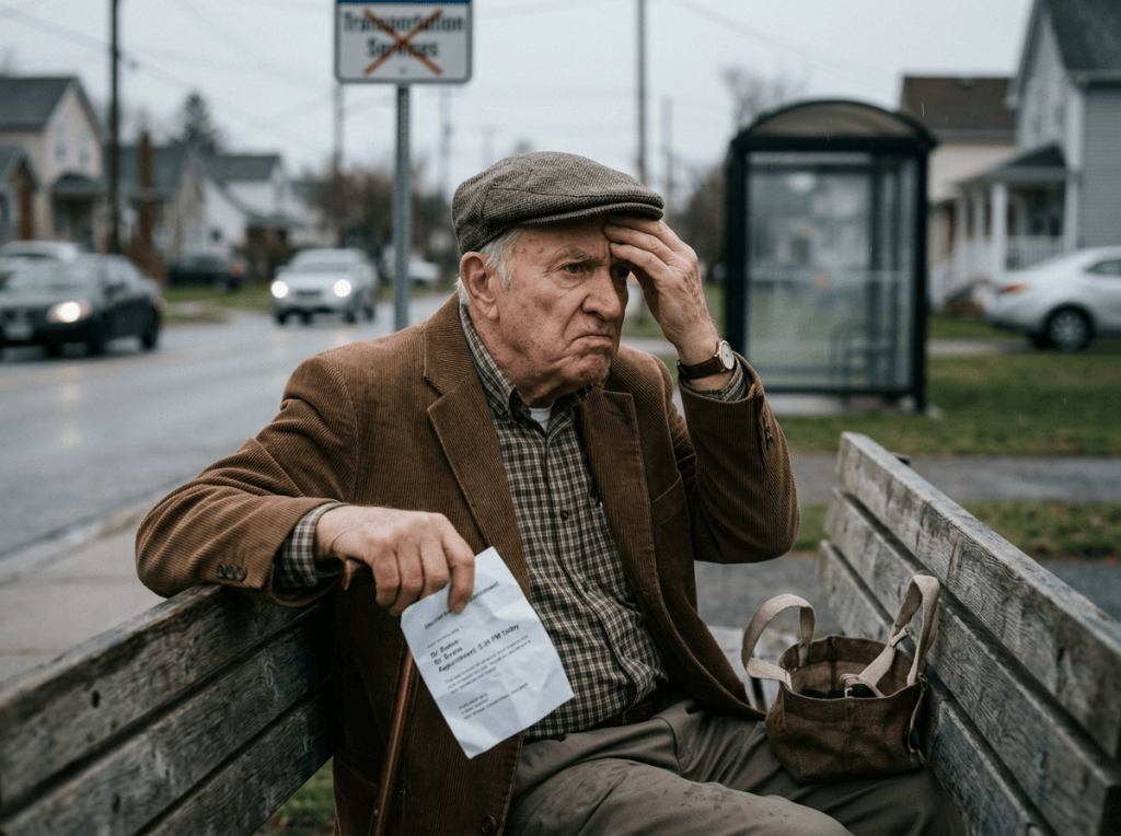 Older man holding a printed notice and touching his forehead on a rainy street