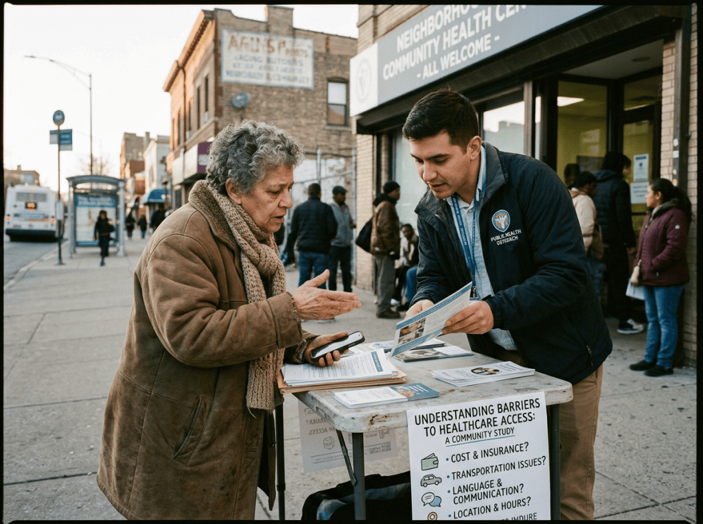 Public health worker shares brochures with woman beside sign reading “Understanding Barriers to Healthcare Access: A Community Study,” with questions about cost, transportation, language, and location; health center sign reads “Neighborhood Community Health Center — All Welcome.”