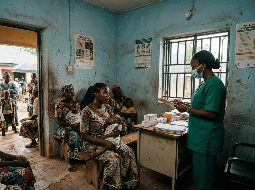 Healthcare worker consulting mothers and children in a malaria clinic