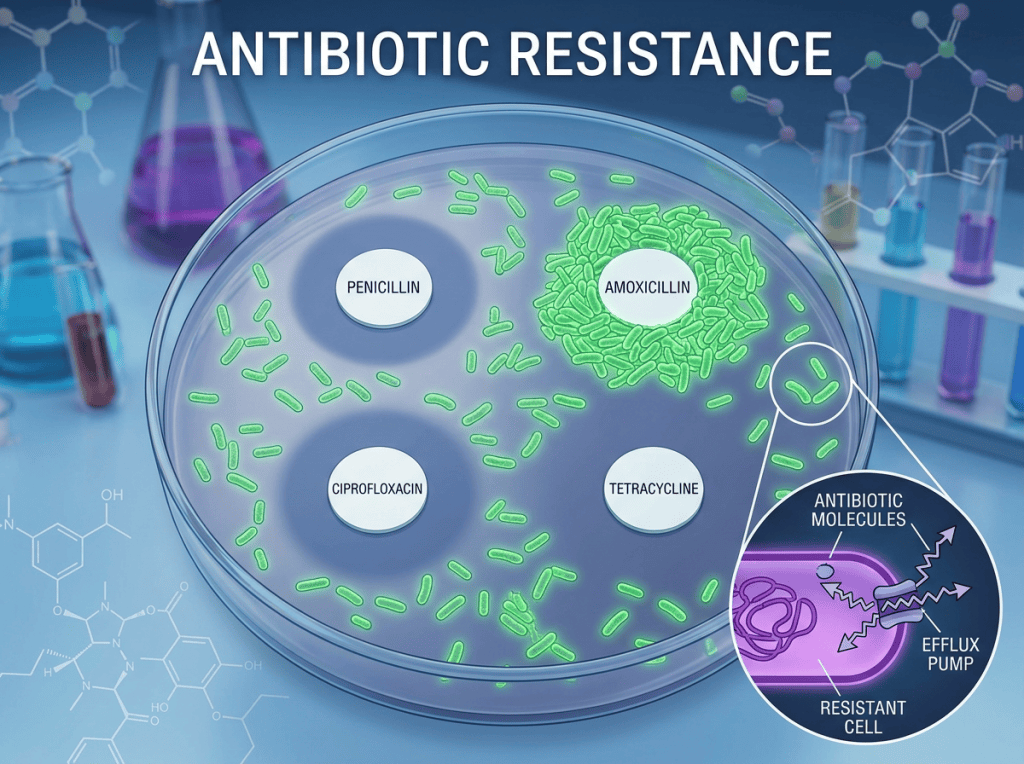Antibiotic resistance diagram with labeled antibiotic discs and resistant bacteria